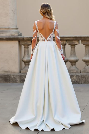A Line Court Train Satin Ivory Wedding Dress with Lace Appliques